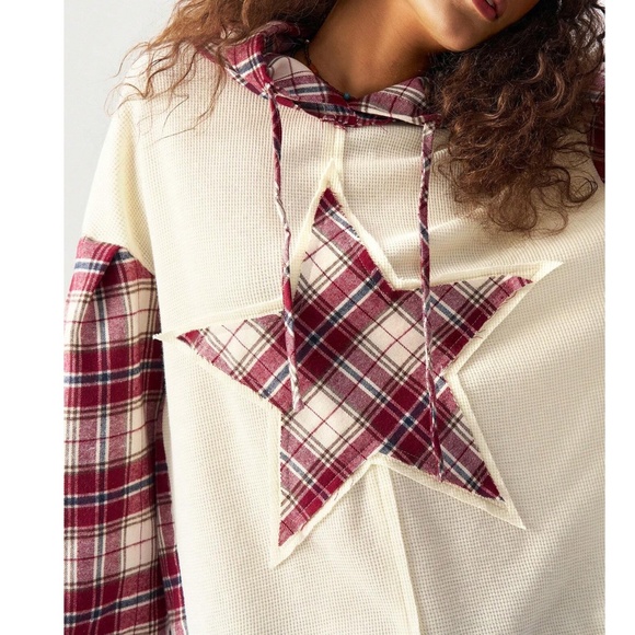 Boho Plaid Star Hoodie Loose Fit Drawstring Top - Picture 4 of 6